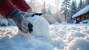 Building a Snowman: Rolling a Snowball in a Snowy Yard photo