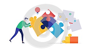 Building Solutions: Dynamic Teamwork on Complex Puzzle, vector design Generative AI