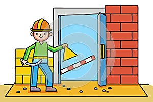 The construction site.Cool construction worker in a protective helmet