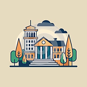 A building stands tall with trees and clouds in the background on a college campus, A minimalist representation of a college