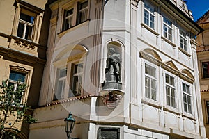 Building with Statue of Vaclav Budovce z Budova, Old Town, Prague, Czech Republic photo