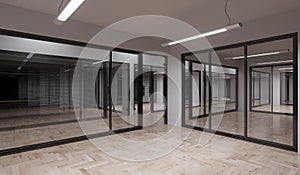 Building Story with Empty Illuminated Glass Walled Offices photo