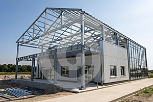 Building structure with prefabricated steel roof frame