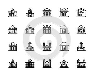 Building and structures vector linear icons set. Buildings icons of castle, dacha, villa, bank, library and more