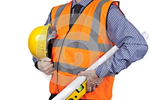 Building Surveyor in orange visibility vest carrying drawings