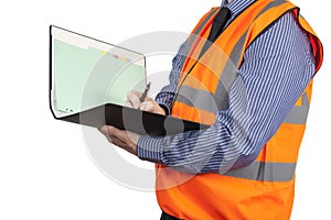 Building Surveyor in orange visibility vest writing in site folder