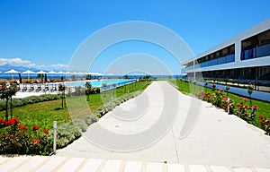 Building and swimming pool at modern luxury hotel