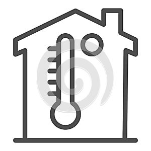Building and thermometer line icon, smart home symbol, home microclimate vector sign on white background, room