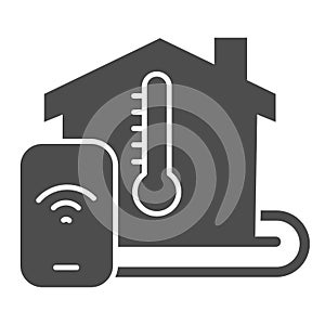 Building and thermometer with smartphone solid icon, smart home symbol, remote heating control vector sign on white