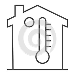 Building and thermometer thin line icon, smart home symbol, home microclimate vector sign on white background, room