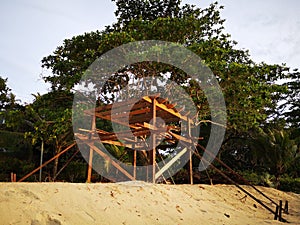 Building a tiny wooden house on the beach side.