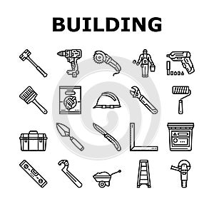 building tool hammer repair drill icons set vector