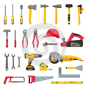Building tools. Construction hardware, screwdriver, hammer, saw and drill, builder helmet and electric equipment. Repair