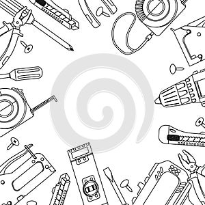 Building tools outline style. Repair hand tools screwdriver,furniture stapler, wrench, pliers, tape measure, level