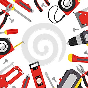 Building tools in red, gray and yellow colors. Repair hand tools screwdriver,furniture stapler, wrench, pliers, tape measure,