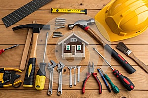 Building tools and supplies on wooden table for construction