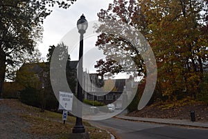 Building, trees, light and road in Duke University