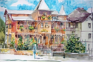 Building in Truskavets. Watercolor painting