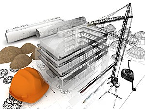 Building under construction  with a crane and other building fixtures on top of blue print,3d r