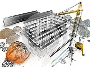 building under construction with a crane and other building fixtures on top of blue print,3d