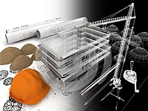 Building under construction with a crane and other building fixtures on top of blue print,3d