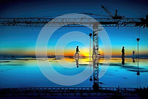 A building under construction at dawn in blue tones with workers and a crane backlit and the wet floor shows the reflections