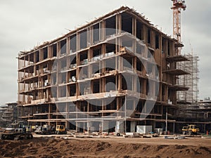 Building Under Construction with Scaffolding, Industrial Building Construction Process, Construction of Office Buildings with