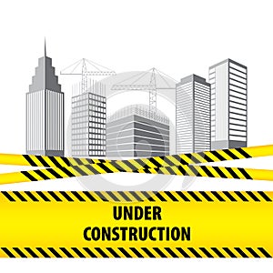 Building under Construction site. Construction infographics. Vector illustration template design with black and yellow striped bor