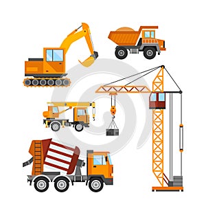 Building under construction, workers and construction technic vector illustration