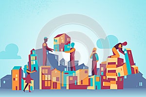 Building under construction with workers in sIlhouette and skyline