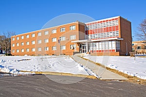 Building on a university campus in winter