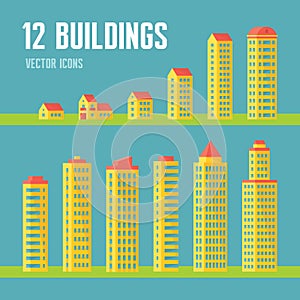 12 building vector icons in flat design style for presentation, booklet, website etc. Architecture vector signs collection.