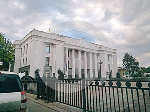 The building of the Verkhovna Rada of Ukraine in cloudy rainy weather
