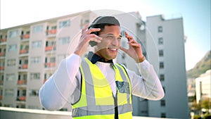 Building, vision and a happy construction worker looking proud of success project, smiling and thinking of future