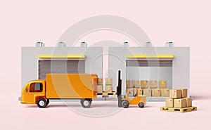 Building warehouse with forklift for import export,goods cardboard box, pallet,truck isolated on pink background,logistic service