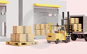 Building warehouse with forklift for import export,goods cardboard box, pallet,truck isolated on pink background,logistic service