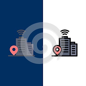 Building, Wifi, Location  Icons. Flat and Line Filled Icon Set Vector Blue Background