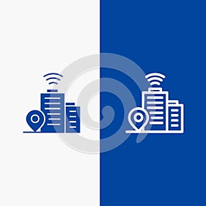 Building, Wifi, Location Line and Glyph Solid icon Blue banner Line and Glyph Solid icon Blue banner