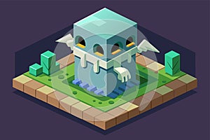 A building with wings on top stands in a green field under the sky, Evil ghost Customizable Isometric Illustration