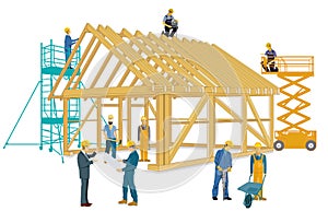 Building a wooden house with craftsmen and architects