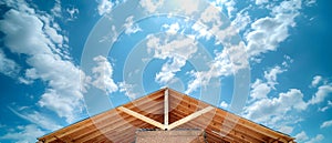 Building a wooden structure under construction with scattered lumber and clouds in the blue sky.