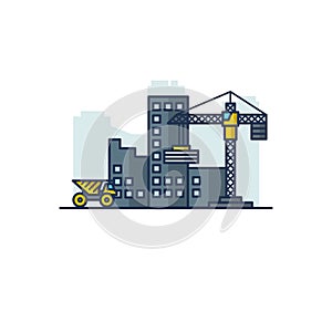 Building work process with constraction crane and car. Vector illustration