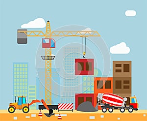 Building work process with houses and construction machines in the town. Vector.