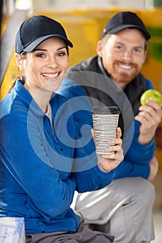 building workers having coffee break