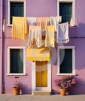 a building with yellow laundry hanging from a line