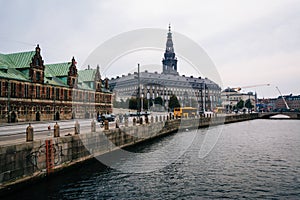 Buildings along a canal in Copenhagen, Denmark.