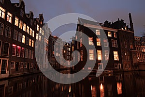 Buildings along the Canals in Amsterdam at Night