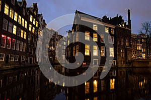 Buildings along the Canals in Amsterdam at Night