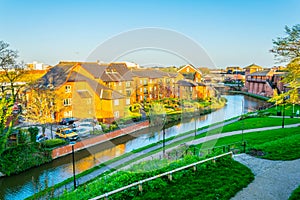 buildings alongside a channel going through the center of Chester, England