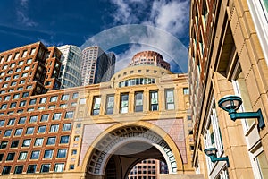 Buildings and the arch in Rowes Wharf, in Boston, Massachusetts.